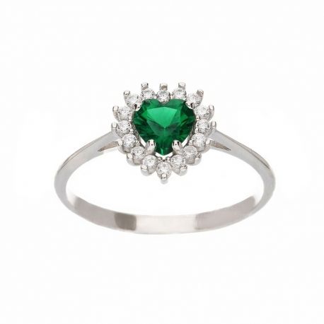 Bague en or blanc 18 carats avec pierre verte et zircons blancs pour femme