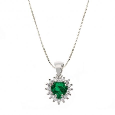 18K witgouden ketting met een hart van witte zirkonen en groene steen