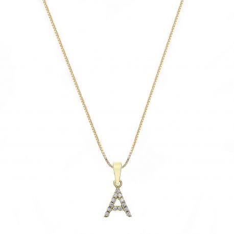 18K geltono aukso karoliai su A raide ir baltais cirkoniais