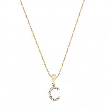 Yellow Gold 18k with Letter C and White Cubic Zirconia Woman Necklace