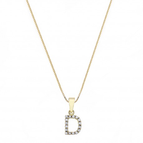 Yellow Gold 18k with Letter D and White Cubic Zirconia Woman Necklace