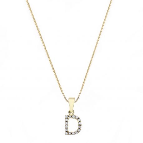 Yellow Gold 18k with Letter D and White Cubic Zirconia Woman Necklace