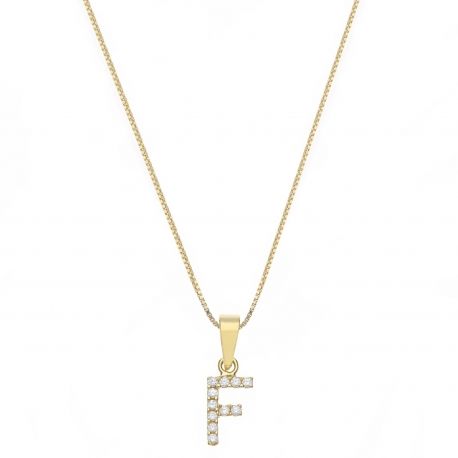 Collana in Oro Giallo 18 Carati con Lettera F e Zirconi Bianchi