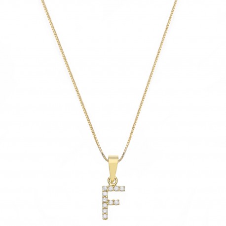 Yellow Gold 18k with Letter F and White Cubic Zirconia Woman Necklace