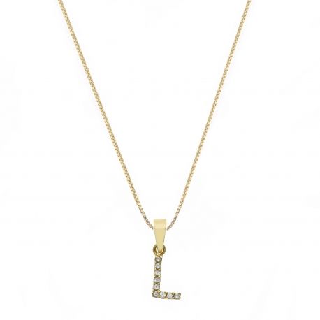 Collana in Oro Giallo 18 Carati con Lettera L e Zirconi Bianchi