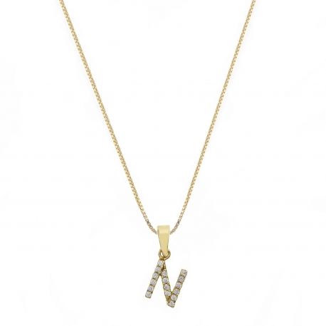 Collana in Oro Giallo 18 Carati con Lettera N e Zirconi Bianchi