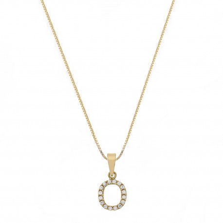 Yellow Gold 18k with Letter O and White Cubic Zirconia Woman Necklace