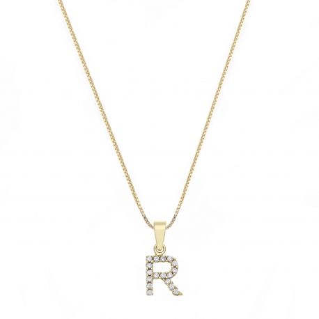 Colar em ouro amarelo 18K com letra R e zircônias brancas