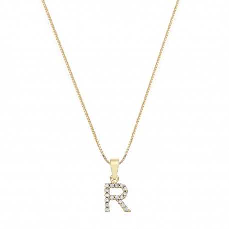 Halskette aus 18-karätigem Gelbgold mit dem Buchstaben R und weißen Zirkonen
