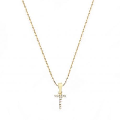 18K ყვითელი ოქროს ყელსაბამი ასო T და თეთრი ცირკონი