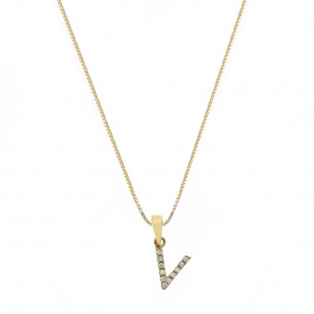Yellow Gold 18k with Letter V and White Cubic Zirconia Woman Necklace