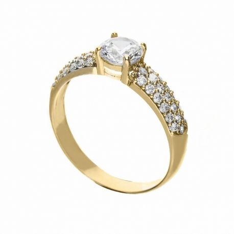 Bague solitaire en or jaune 18 carats avec zircons blancs pour femme