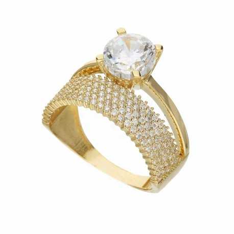 Női pasziánsz gyűrű Pavè-val 18 K sárga aranyból, fehér cirkóniákkal