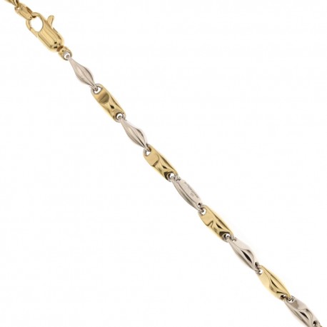 Bracelet en or jaune et blanc 18 Kt 750/1000 avec chaîne creuse, maille marine écrasée, finition polie pour homme