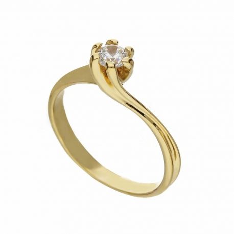 Bague solitaire en or jaune 18 carats avec zircons blancs pour femme
