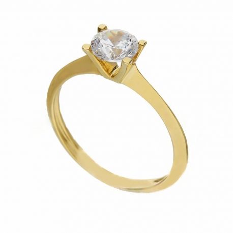 Bague solitaire en or jaune 18 carats avec zircons blancs pour femme