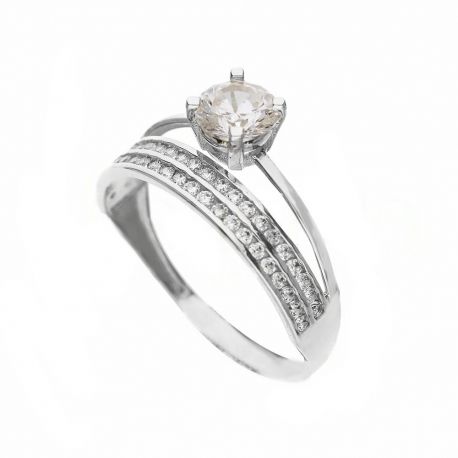 Bague solitaire en or blanc 18 carats avec zircons blancs pour femme