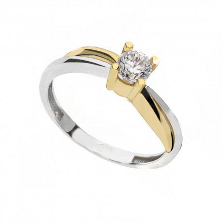 Solitaire ring in 18K wit en geel goud met witte zirkonen voor dames