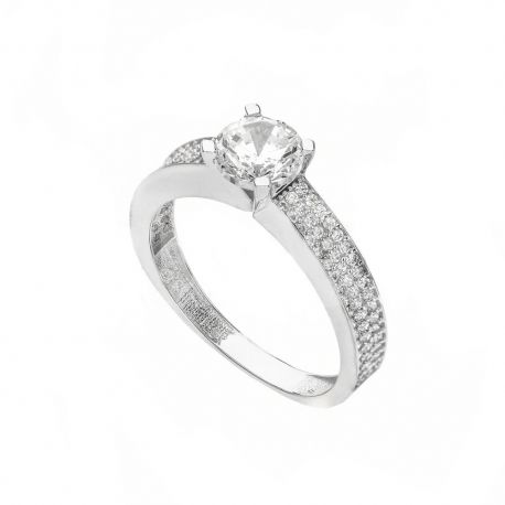 Bague solitaire en or blanc 18 carats avec zircons blancs pour femme