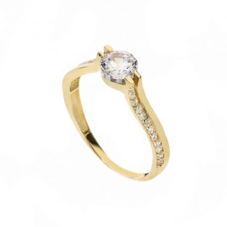 Bague solitaire en or jaune 18 carats avec zircons blancs pour femme