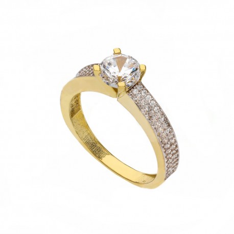Solitaire ring in 18K geel goud met witte zirkonen voor dames