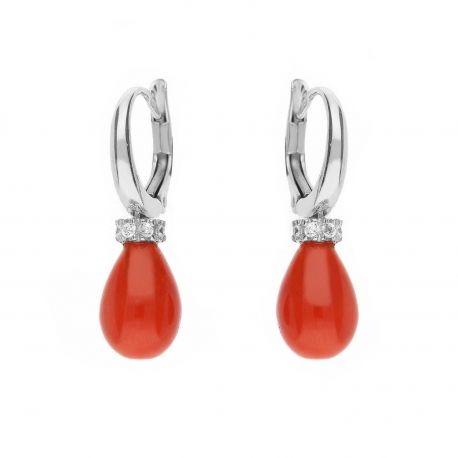 Boucles d'oreilles en or blanc 18 carats avec zircons blancs et corail