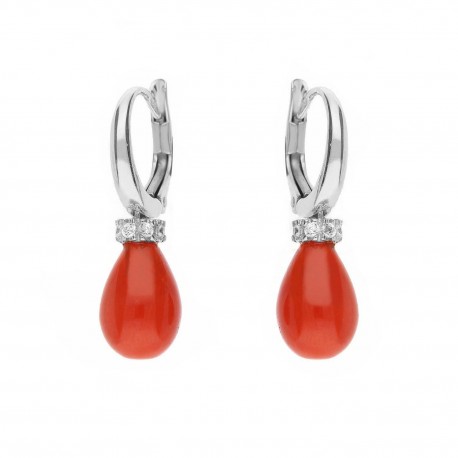 White Gold 18k with White Cubic Zirconia and Coral Woman Earrings