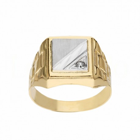 Δαχτυλίδι Shield σε κίτρινο και λευκό χρυσό 18 καρατίων με λευκό ζιργκόν για άνδρες