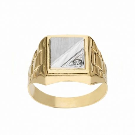 Anillo Escudo en Oro Amarillo y Blanco de 18 Quilates con Circonita Blanca para Hombre