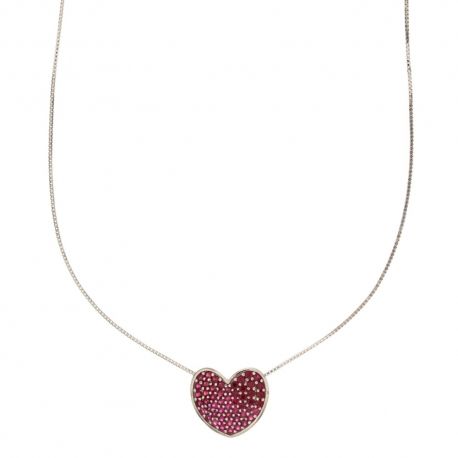 Girocollo in oro bianco 18 Kt 750/1000 con pendente a cuore di zirconi rossi