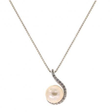 Colier din aur alb 18 Kt 750/1000 cu perle si zirconi albi