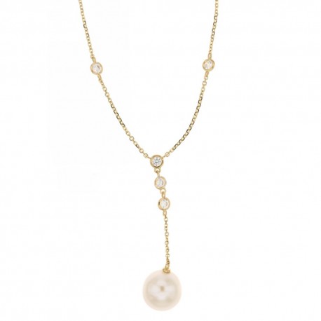 Collier en or jaune 18 Kt 750/1000 avec pendentif perle et sertis de zircons blancs