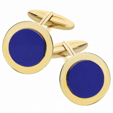 Boutons de manchette ronds avec pierre bleue en or jaune 18 carats