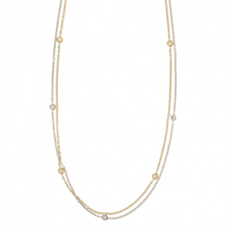 White and yellow gold 18k 750/1000 unisex double chain with white cubic zirconia