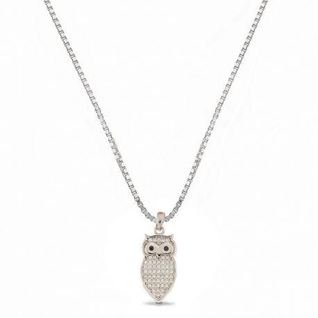Collana in Oro Bianco 18 Carati con Gufo di Zirconi Bianchi