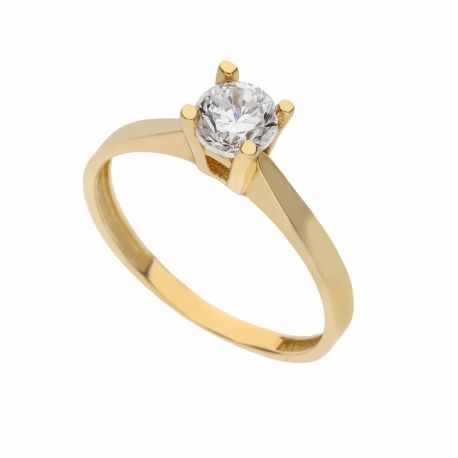 Bague solitaire en or jaune 18 carats avec zircons blancs pour femme