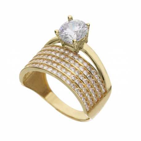 Solitérní prsten s pavè z 18K žlutého zlata s bílými zirkony pro ženy