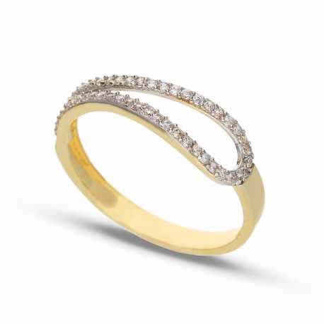 Inel cu bandă din aur alb și galben de 18K cu zirconi albe pentru femei