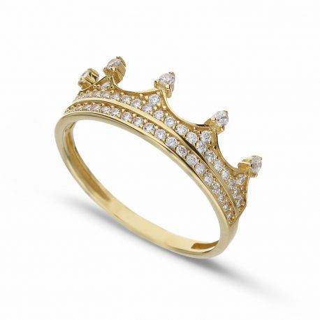 Bague couronne en or jaune 18 carats avec zircons blancs pour femme