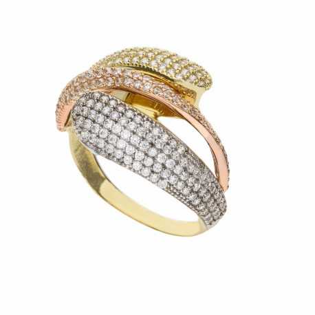 Πλακόστρωτο δαχτυλίδι σε κίτρινο, ροζ και λευκό χρυσό 18 καρατίων για γυναίκες