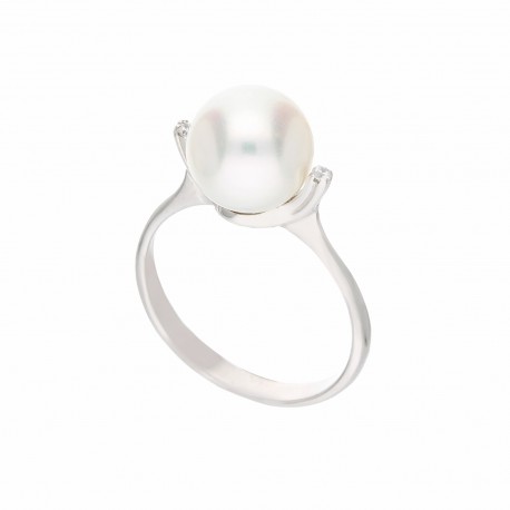 Dámsky prsteň z 18K bieleho zlata s bielymi zirkónmi a perlou