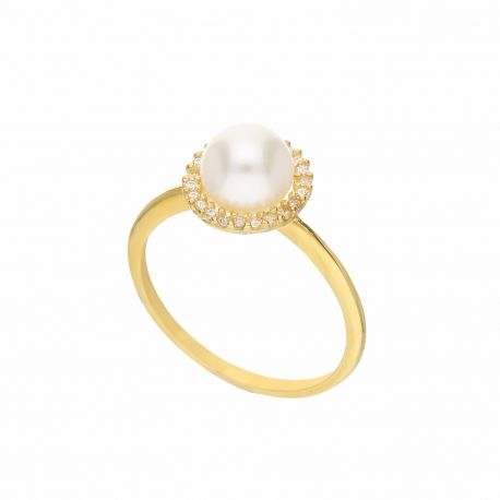 Bague en or jaune 18 carats avec zircons blancs et perle pour femme