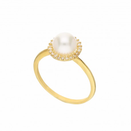Dámsky prsteň zo žltého 18 K zlata s bielymi zirkónmi a perlou