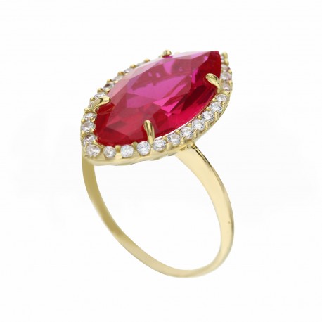 18 k gult gull Spoletta-ring med hvite sirkoner og rød stein for kvinner