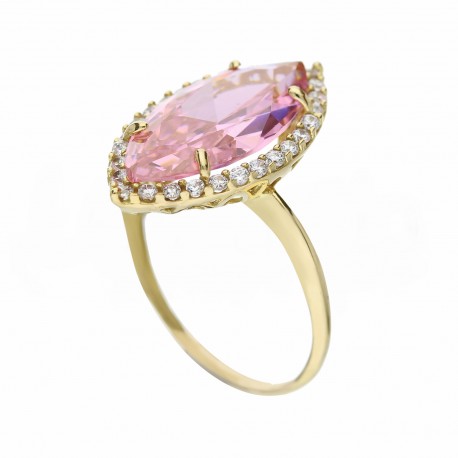 18 k gult gull Spoletta-ring med hvite sirkoner og rosa stein for kvinner