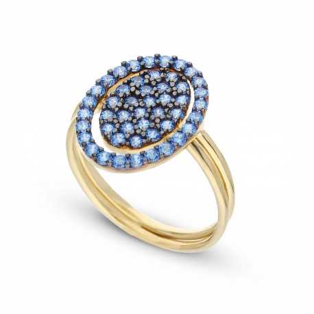 Dámský prsten ze žlutého 18K zlata s lesklými modrými zirkony