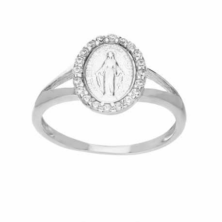 Ženski prsten od bijelog zlata od 18K s Madonom i poliranim bijelim cirkonima