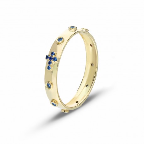 Δαχτυλίδι ροζάριο 18 καρατίων από κίτρινο χρυσό με γυαλιστερά μπλε ζιργκόν για γυναίκες