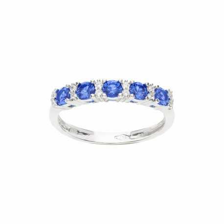 18K balto aukso žiedas su mėlynais ir baltais cirkoniais moterims
