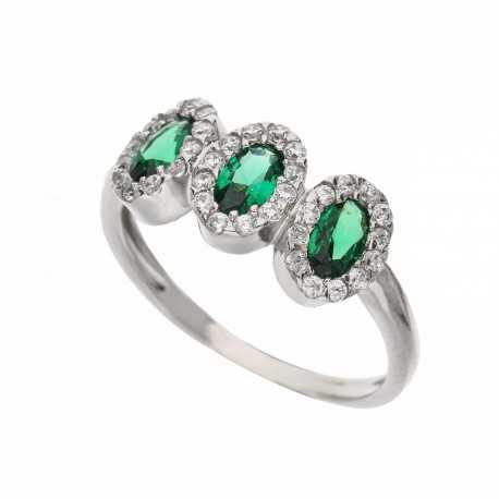 18K balto aukso žiedas su žaliais ir baltais cirkoniais moterims